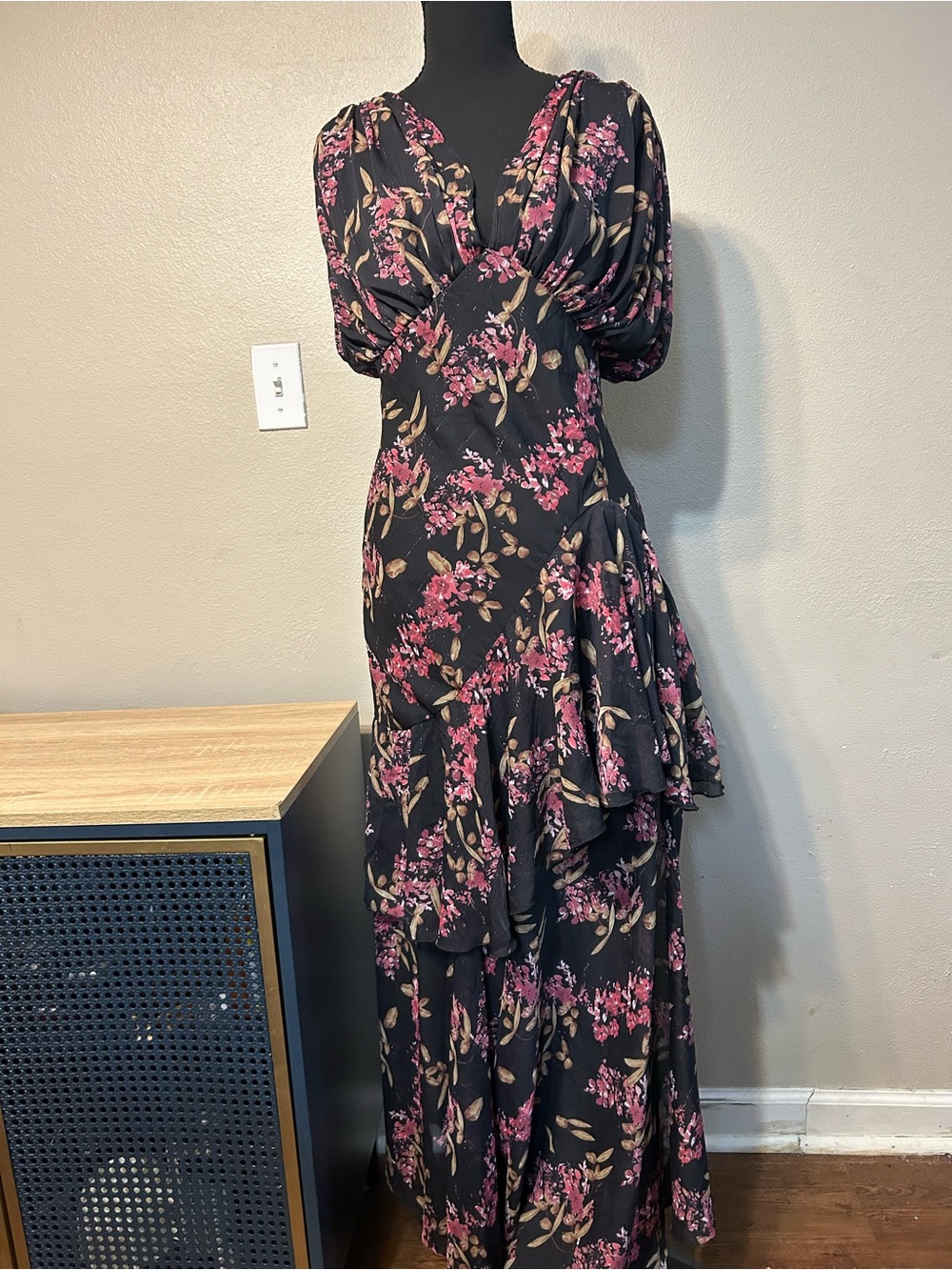 Lulus L Black Pink Floral Tiered Ruffle Maxi Dress Romantic Puff Sleeve